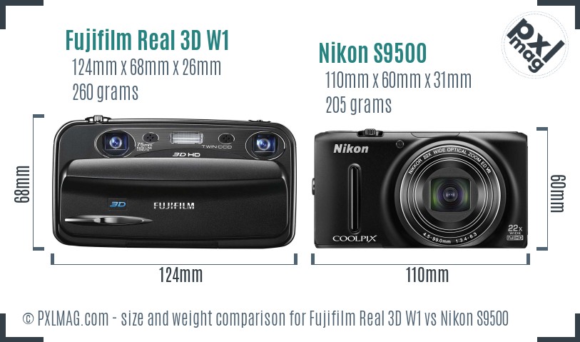 Fujifilm Real 3D W1 vs Nikon S9500 size comparison
