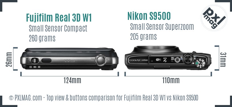 Fujifilm Real 3D W1 vs Nikon S9500 top view buttons comparison