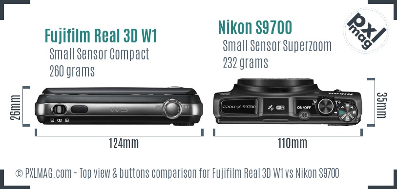 Fujifilm Real 3D W1 vs Nikon S9700 top view buttons comparison