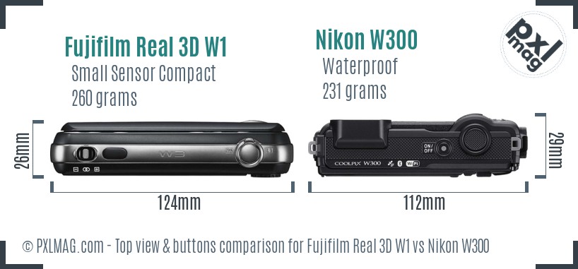 Fujifilm Real 3D W1 vs Nikon W300 top view buttons comparison