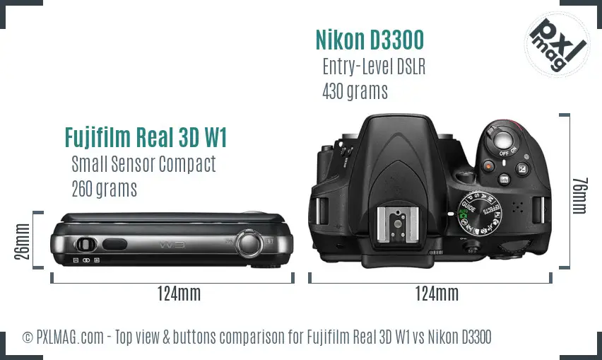 Fujifilm Real 3D W1 vs Nikon D3300 top view buttons comparison