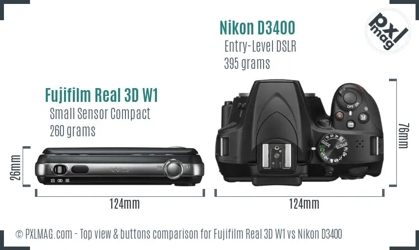 Fujifilm Real 3D W1 vs Nikon D3400 top view buttons comparison
