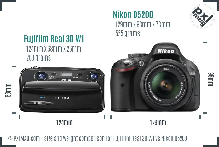 Fujifilm Real 3D W1 vs Nikon D5200 size comparison