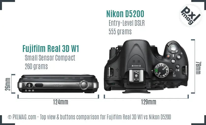 Fujifilm Real 3D W1 vs Nikon D5200 top view buttons comparison