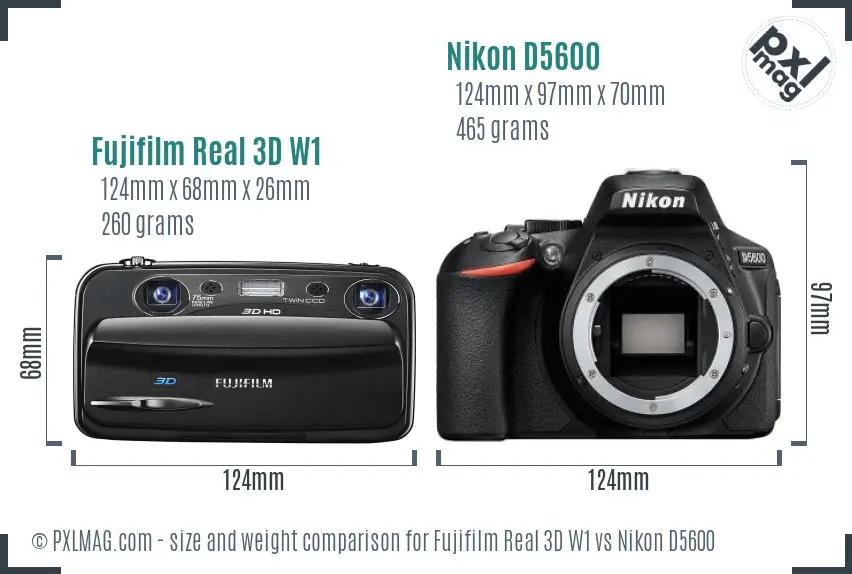 Fujifilm Real 3D W1 vs Nikon D5600 size comparison