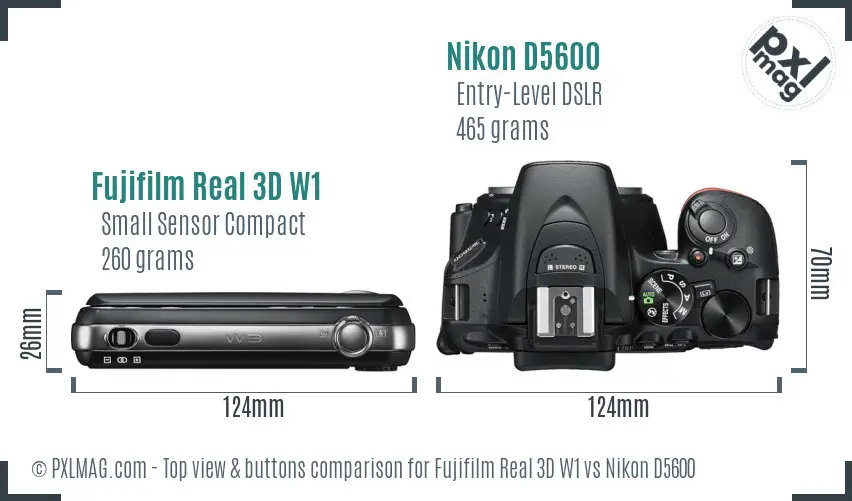 Fujifilm Real 3D W1 vs Nikon D5600 top view buttons comparison