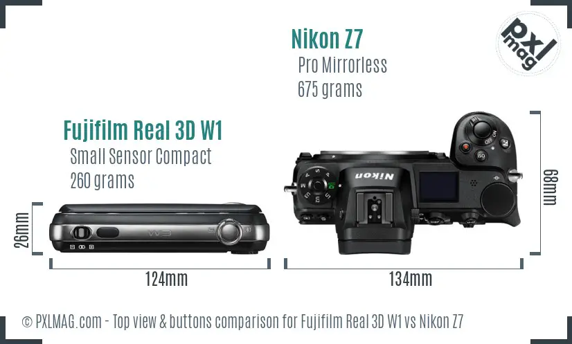 Fujifilm Real 3D W1 vs Nikon Z7 top view buttons comparison