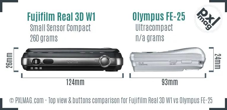 Fujifilm Real 3D W1 vs Olympus FE-25 top view buttons comparison