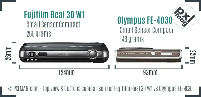 Fujifilm Real 3D W1 vs Olympus FE-4030 top view buttons comparison Fujifilm Real 3D W1 vs Olympus FE-4030 top view buttons comparison