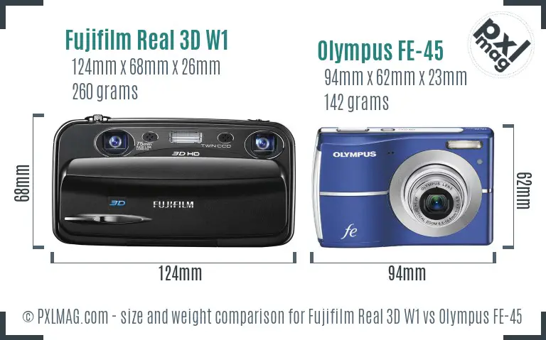 Fujifilm Real 3D W1 vs Olympus FE-45 size comparison