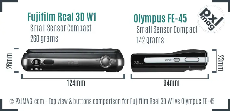 Fujifilm Real 3D W1 vs Olympus FE-45 top view buttons comparison