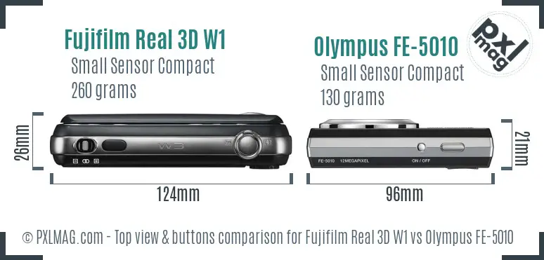 Fujifilm Real 3D W1 vs Olympus FE-5010 top view buttons comparison Fujifilm Real 3D W1 vs Olympus FE-5010 top view buttons comparison