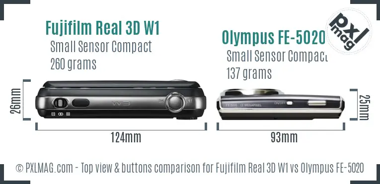 Fujifilm Real 3D W1 vs Olympus FE-5020 top view buttons comparison Fujifilm Real 3D W1 vs Olympus FE-5020 top view buttons comparison
