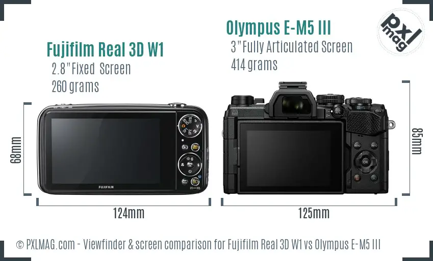 Fujifilm Real 3D W1 vs Olympus E-M5 III Screen and Viewfinder comparison