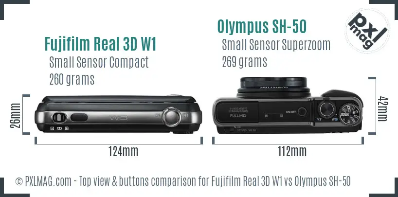 Fujifilm Real 3D W1 vs Olympus SH-50 top view buttons comparison