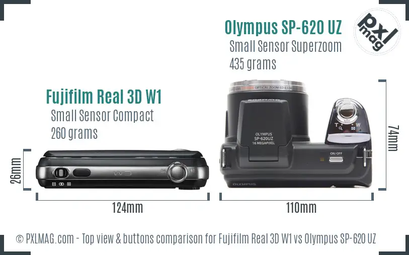 Fujifilm Real 3D W1 vs Olympus SP-620 UZ top view buttons comparison