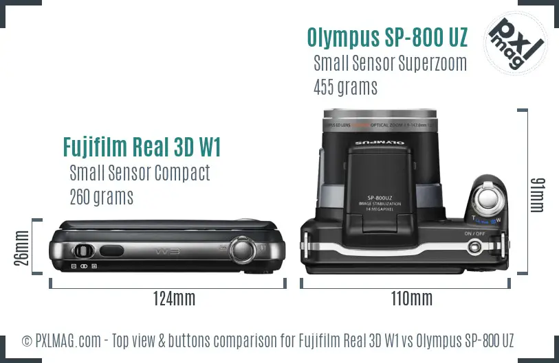 Fujifilm Real 3D W1 vs Olympus SP-800 UZ top view buttons comparison