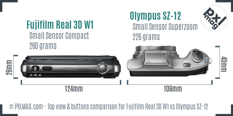 Fujifilm Real 3D W1 vs Olympus SZ-12 top view buttons comparison