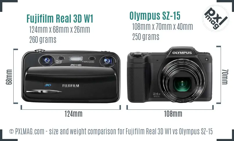 Fujifilm Real 3D W1 vs Olympus SZ-15 size comparison Fujifilm Real 3D W1 vs Olympus SZ-15 size comparison