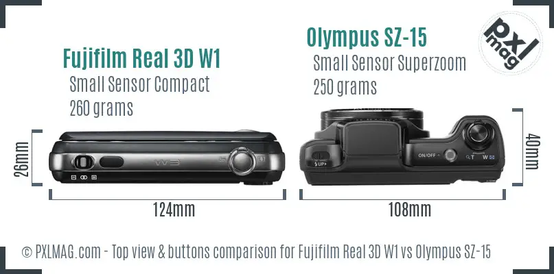 Fujifilm Real 3D W1 vs Olympus SZ-15 top view buttons comparison Fujifilm Real 3D W1 vs Olympus SZ-15 top view buttons comparison