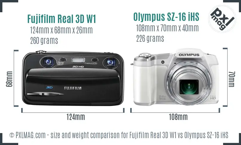 Fujifilm Real 3D W1 vs Olympus SZ-16 iHS size comparison