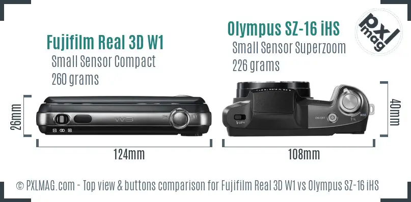 Fujifilm Real 3D W1 vs Olympus SZ-16 iHS top view buttons comparison