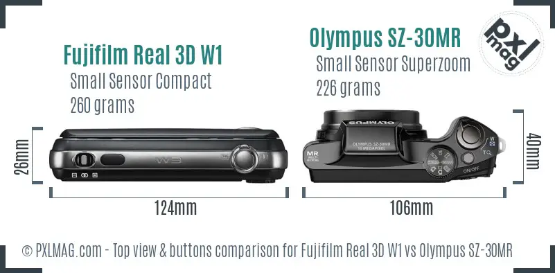 Fujifilm Real 3D W1 vs Olympus SZ-30MR top view buttons comparison Fujifilm Real 3D W1 vs Olympus SZ-30MR top view buttons comparison