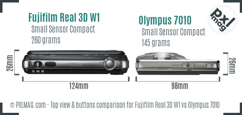 Fujifilm Real 3D W1 vs Olympus 7010 top view buttons comparison Fujifilm Real 3D W1 vs Olympus 7010 top view buttons comparison