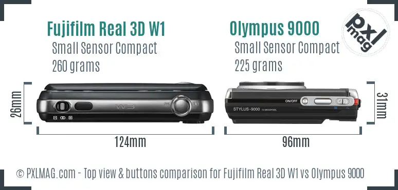 Fujifilm Real 3D W1 vs Olympus 9000 top view buttons comparison Fujifilm Real 3D W1 vs Olympus 9000 top view buttons comparison