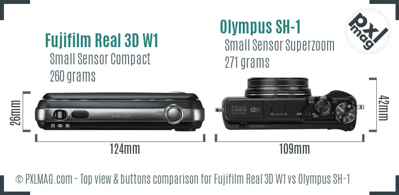 Fujifilm Real 3D W1 vs Olympus SH-1 top view buttons comparison