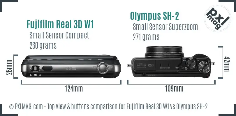 Fujifilm Real 3D W1 vs Olympus SH-2 top view buttons comparison