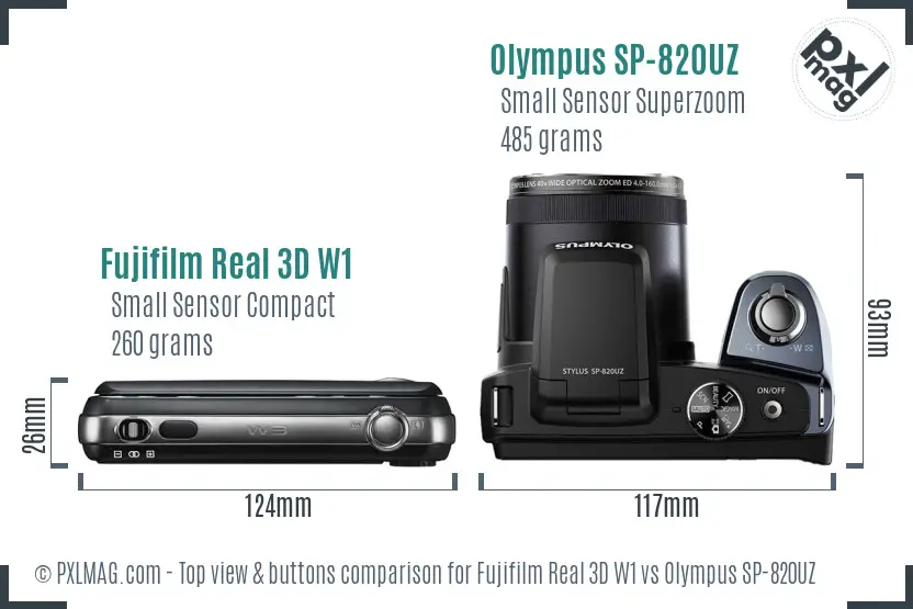 Fujifilm Real 3D W1 vs Olympus SP-820UZ top view buttons comparison