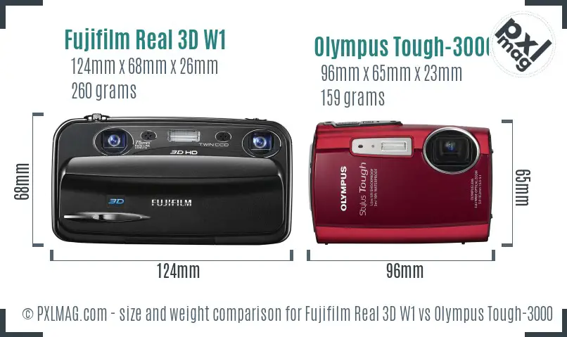 Fujifilm Real 3D W1 vs Olympus Tough-3000 size comparison