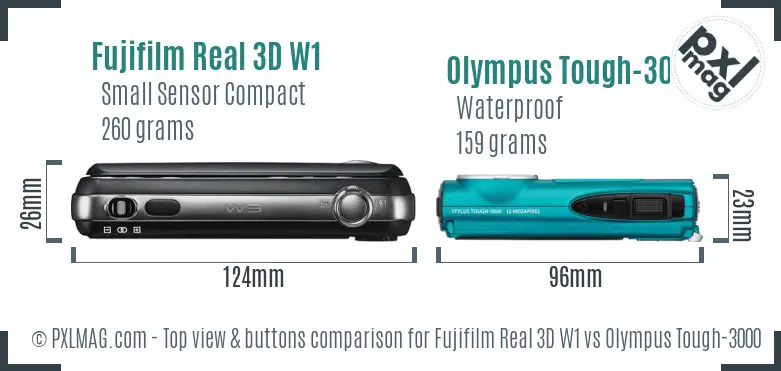 Fujifilm Real 3D W1 vs Olympus Tough-3000 top view buttons comparison