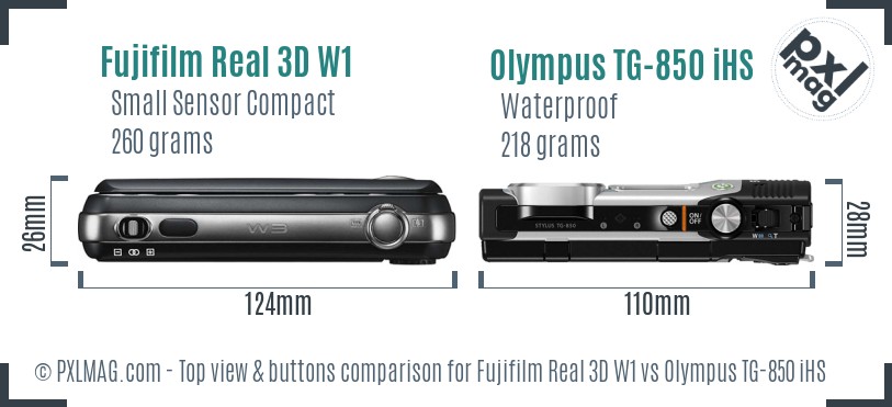 Fujifilm Real 3D W1 vs Olympus TG-850 iHS top view buttons comparison
