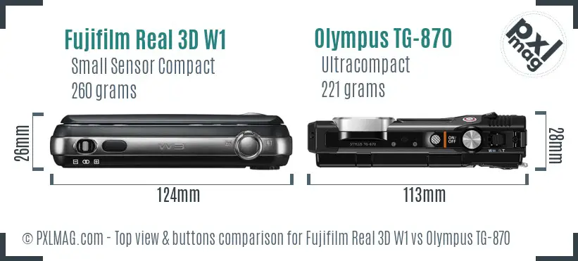 Fujifilm Real 3D W1 vs Olympus TG-870 top view buttons comparison