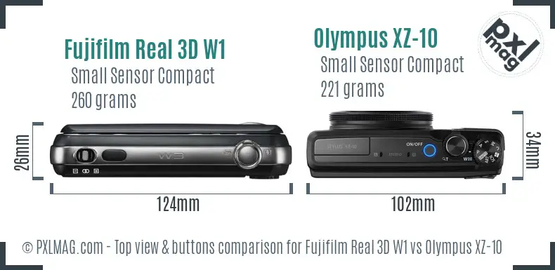 Fujifilm Real 3D W1 vs Olympus XZ-10 top view buttons comparison Fujifilm Real 3D W1 vs Olympus XZ-10 top view buttons comparison
