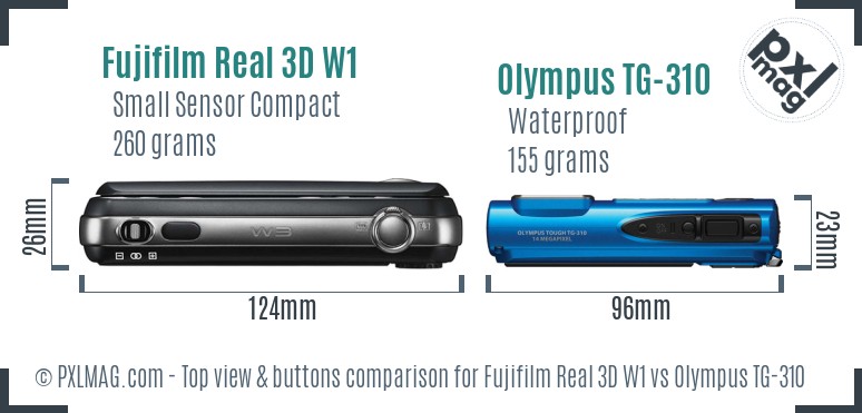 Fujifilm Real 3D W1 vs Olympus TG-310 top view buttons comparison