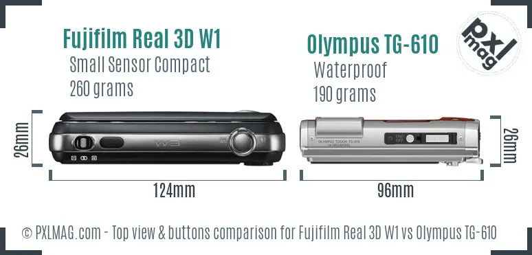 Fujifilm Real 3D W1 vs Olympus TG-610 top view buttons comparison