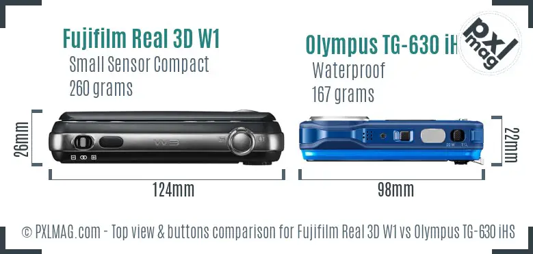 Fujifilm Real 3D W1 vs Olympus TG-630 iHS top view buttons comparison