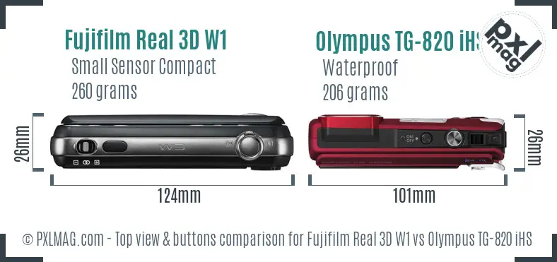 Fujifilm Real 3D W1 vs Olympus TG-820 iHS top view buttons comparison