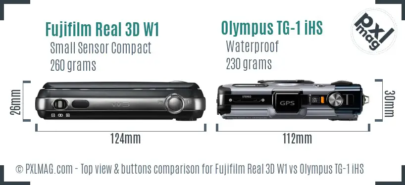 Fujifilm Real 3D W1 vs Olympus TG-1 iHS top view buttons comparison