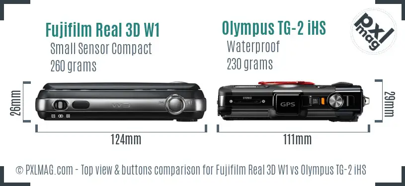 Fujifilm Real 3D W1 vs Olympus TG-2 iHS top view buttons comparison