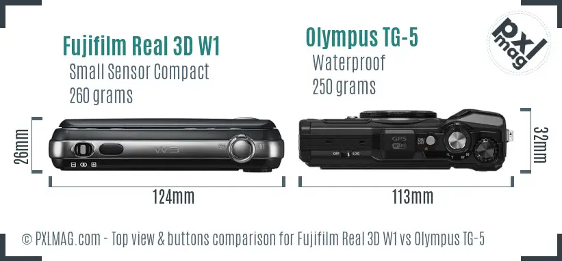 Fujifilm Real 3D W1 vs Olympus TG-5 top view buttons comparison