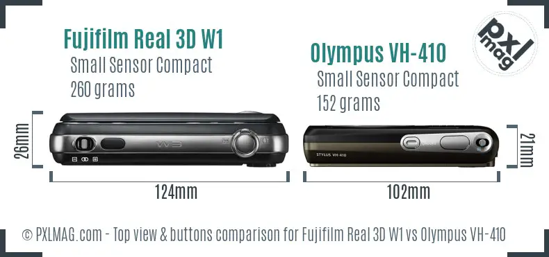 Fujifilm Real 3D W1 vs Olympus VH-410 top view buttons comparison