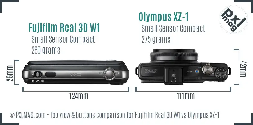 Fujifilm Real 3D W1 vs Olympus XZ-1 top view buttons comparison