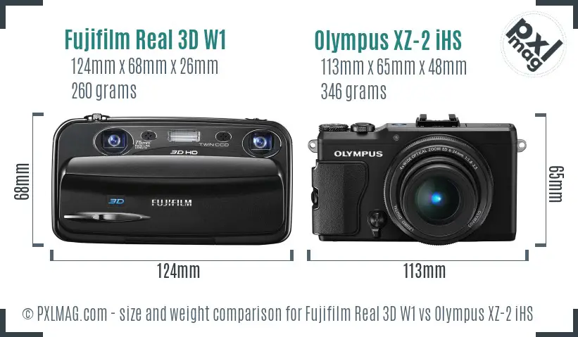 Fujifilm Real 3D W1 vs Olympus XZ-2 iHS size comparison