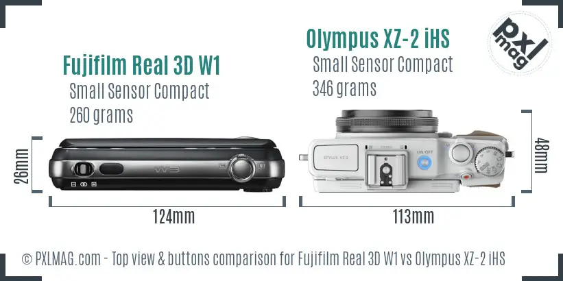 Fujifilm Real 3D W1 vs Olympus XZ-2 iHS top view buttons comparison