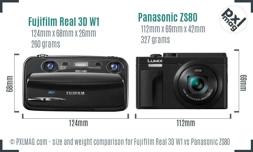 Fujifilm Real 3D W1 vs Panasonic ZS80 size comparison