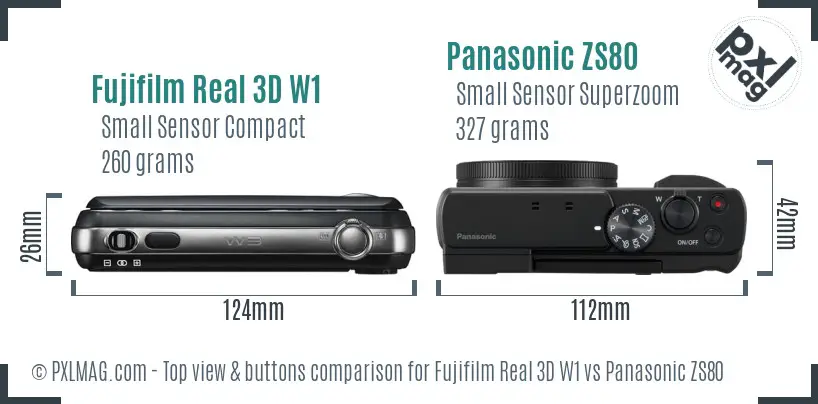 Fujifilm Real 3D W1 vs Panasonic ZS80 top view buttons comparison